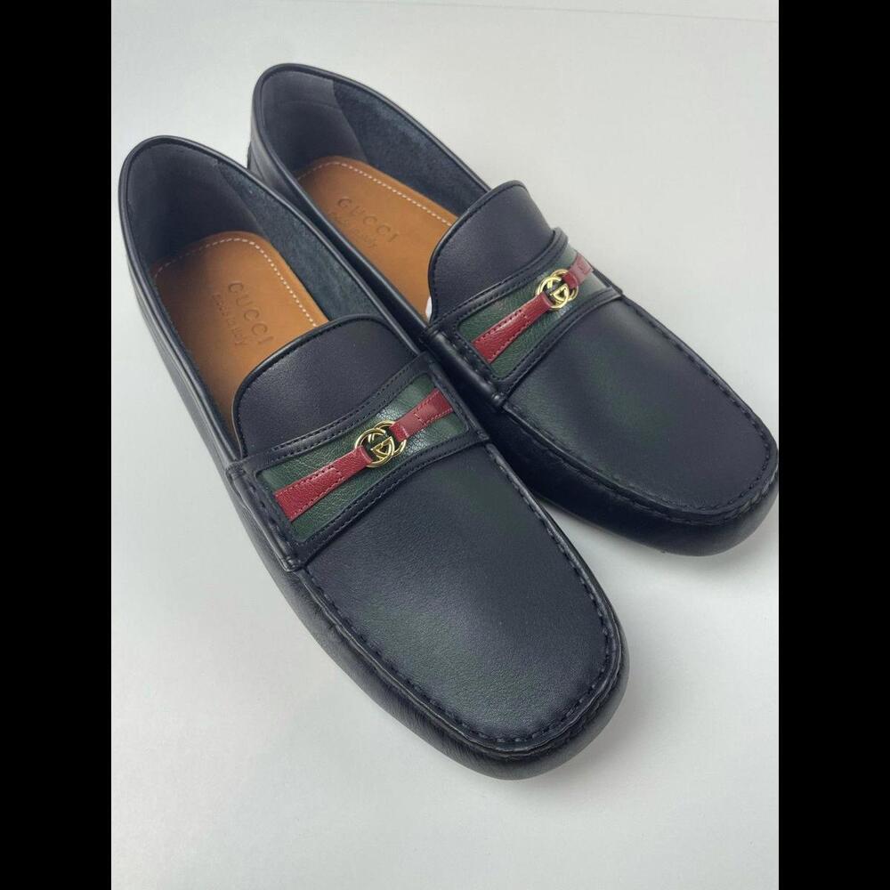 Gucci Black Leather Loafers with Red and Green Accents